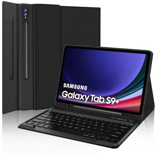 IVEOPPE Teclado Samsung Galaxy Tab S9 FE+ 12.4 2023, Teclado Samsung Tab S9 Plus, Funda con Teclado España Ñ Bluetooth para Galaxy Tab S9 Plus 12,4 2023 (SM-X810/X816B/X818U), Negro