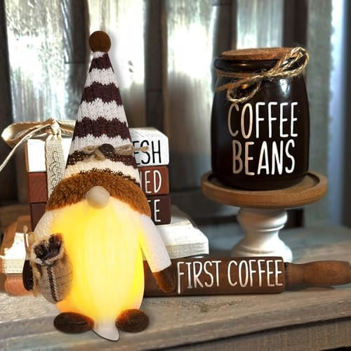 Frühlings Deko Wichtel Kaffee Wichtel mit LED Licht, Frühlings Sommer Wichtel Figuren mit Beleuchtung, Erntedankfest Plüsch Rudolph Puppe Schwedischer Tomte Wichtel für Außen & Innen Deko (Junge)