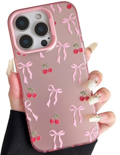 ZTOFERA Pink Case for iPhone 14 Pro (6.1), Aesthetic Phone Case with Cute Ribbon Bowknot Pattern, Glossy Hard PC Back Silicone Bumper Shockproof Protective Cover for Girls Women - Cherry