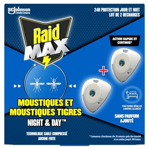Raid Max Recharges Diffuseur Electrique Liquide Night & Day - Anti-Moustiques et Moustiques Tigres - Protection Longue Durée Jour & Nuit - Sans Parfum - 2 Recharges