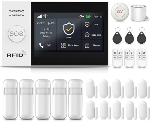 XNH Écran Tactile 4,3 Alarme Maison sans Fil, 4G/WiFi Système d'Alarme, 24 Pack: 120DB Sirène, 10 Capteurs de Fenêtre et de Porte, 5 Détecteur de Mouvement, Compatible avec Alexa, Google Assistant