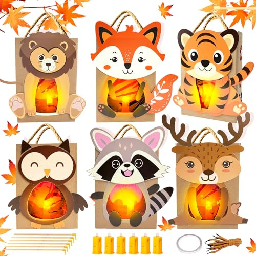 Tccydm 6 Stück Laternen Bastelset für Kinder, DIY Herbst Tierlaternen mit Laternenstäben, Sankt Martin Laterne Basteln, Kreatives Papierlaternen Set Fuchs Eule Igel, Geschenk Jungen Mädchen