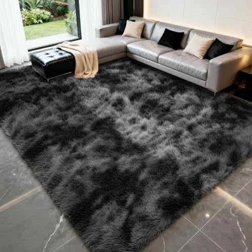 ZRSDIXKI Hochflor Teppich Wohnzimmer 120x180 cm, Batik Dunkelgrau | Flauschiger Weicher Langflor Shaggy Teppich Anti-Rutsch, Moderner Teppich für Schlafzimmer Kinderzimmer