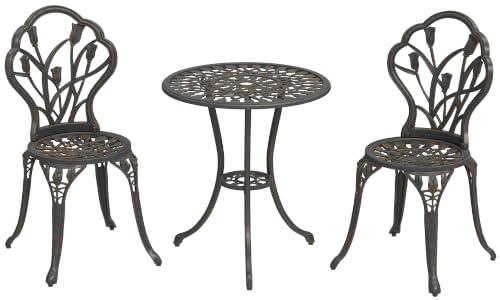 Outsunny Set Bistrò da Esterno 3 Pezzi con Foro per Ombrellone, Bronzo | Tavolino Rotondo da Esterno con 2 Sedie, Set da Balcone in Alluminio, per Patio, Cortile