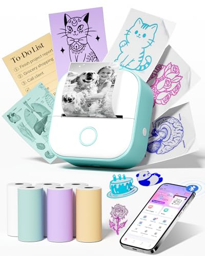 Memoking Mini Drucker für Smartphone, T02 Mini Drucker mit 6 Rollen Papier | Aufkleber Drucker Sticker Drucker Etikettendrucker für Geschenke, Studiennotizen, Anatomische Diagramme, Fotos, Geburtstag