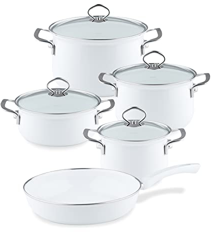 Riess Nouvelle Kochset 5-teilig aus Emaille in der Farbe Arcticweiß mit Deckeln, Maße: 16cm bis 24cm, 0558-033