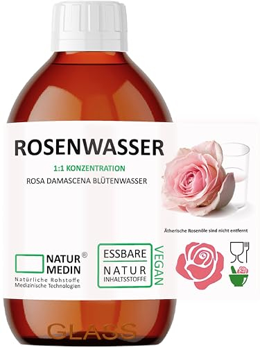 500-ml ROSENWASSER GLAS 100% naturrein Rosa damascena Blütenwasser ohne Zusatzstoffe Pur, steril und oxidationsfrei Nachhaltig NATURMEDIN®