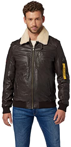 RICANO TG-1101 Herren Flieger Lederjacke aus echtem Lamm Nappa Leder mit Fellkragen aus Lammfell in schwarz und dunkel braun (Dunkelbraun, L (52))
