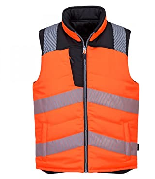Portwest PW374 Arbeitskleidung Polyester-Baumwolle Verstellbare Kapuze Bau | Orange/Schwarz, S, UPF 50+, EN ISO 20471 Klasse 2, 245 G und Füllstoff, InsulatexTM Futter, Wendbar, Ärmellos, Reißverschluss