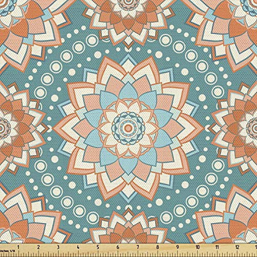 Ambesonne Lotus Stoff von The Yard, Mandala-Motive der orientalischen Kulturen mit böhmischen inspirierten Blume, Dekostoff für Polster und Wohnaccessoires, 2,7 m, Blau Beige