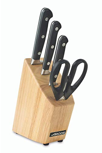 Arcos Opera - Juego de Cuchillos de 4 piezas - 3 Cuchillos + Tijera - Hoja de Acero Forjado Inoxidable NITRUM de - Mango de Polioximetileno (POM) Color Negro - Bloque Madera Marrón