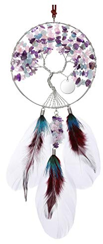 CrystalTears 7 Chakren Lebensbaum Fensterdeko Hängend Handgefertigt Wire Wrap Trommelsteine Baum des Lebensbaum Feng Shui Deko Edelstein Traumfänger(Amethyst/Rosenquarz/Aquamarin)
