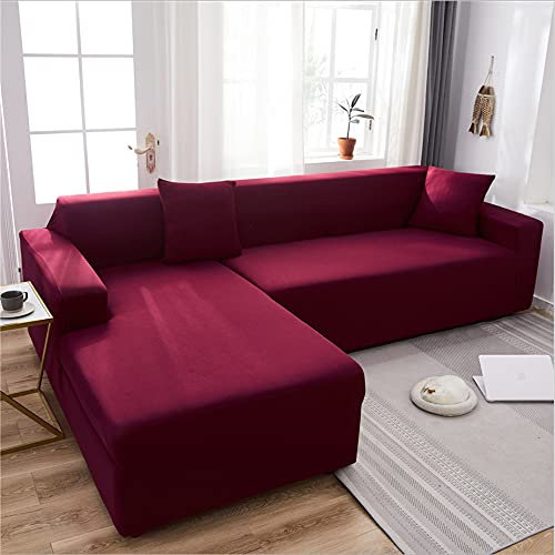OKJK 2pcs Sofa überzug ecksofa für Wohnzimmer elastischer überwurf Sofa für Leder sofabezug l Form, Couch überzug l Form (Wine red,4 Seater + 4 Seater)