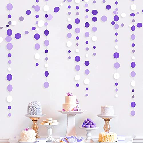 52 Ft Purple and White Circle Dots Garland Lavender Hanging Paper Polka Dot Streamer for Birthday Anniversary Engagement Wedding Baby Bridal Shower Valentine Day Lilac Theme Party Decorations Supplies