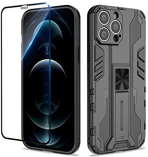 Btstring Case for iPhone 12 Pro Max and Screen Protector Tempered Glass, Heavy Duty Shockproof Tough Armour Case with Stand Protective Personalised Phone Cover - Black