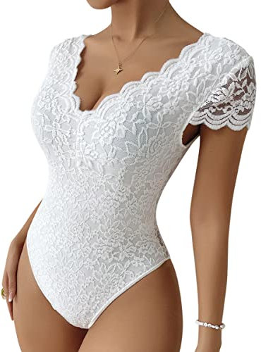 Minetom Donna Body Elasticizzato Estate Manica Corta Pizzo Bodysuit Tops Club Tuta Camicetta Maglietta Blusa Camicie B Bianco M