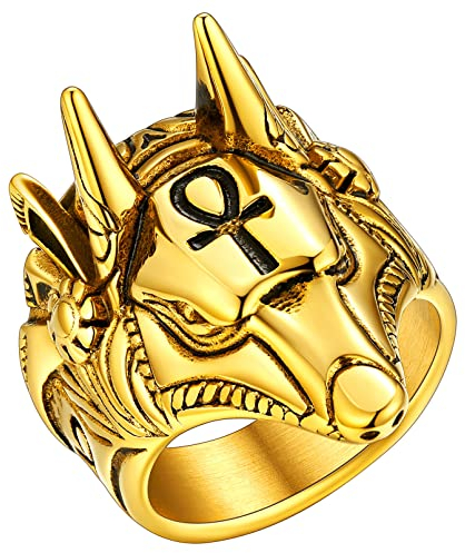 FaithHeart Ägypten Gottes Anubis Fingerring in Größe 64.6 goldener Ankh Kreuz Ring mit Geschenkebox für Freunden Ehemann Jungen