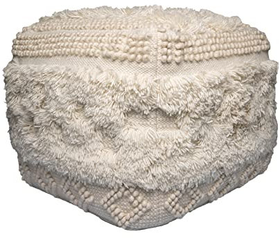 Qiyano Pouf rund im Boho-Stil aus weicher Neuseelandwolle mit Fransen und Quasten Naturmaterial handgefertigt Bohemian-Stil Ethno Hocker Wohnzimmer Schlafzimmer Garderobe Farbe: Natur