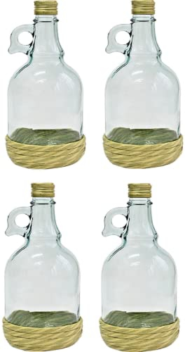 lilawelt24 4x 1L Glasflasche + Graskorb GLASBALLON Weinballon leere Flasche Karaffe
