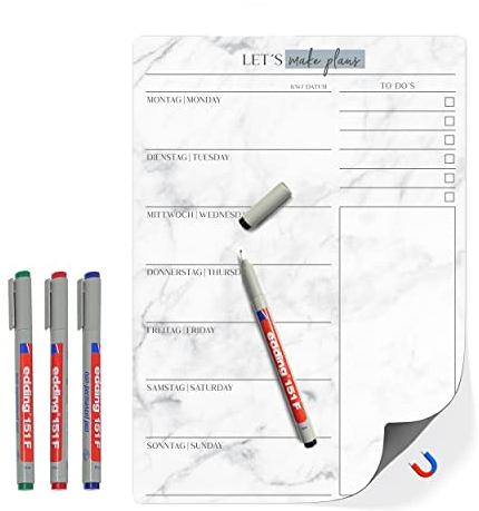 TOBJA Wiederbeschreibbarer Menüplaner mit 4 bunten Wasserlöslichen Stiften, Magnetisch, Abwischbar und mit To-Do-Liste und Notizen, DIN A4, Modernes Marmordesign. (Magnetisch + 4 Stifte)