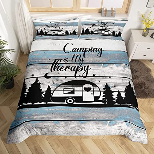 Bettwäsche 155x220 Happy Camping Camper Bettbezug Set 3 Teilig rustikales Bauernhaus Microfaser Weich Bettbezüge + 2 Kissenbezuge 80x80 cm, mit Reißverschluss