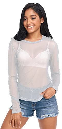 RPLIFE Silver Mesh Sleeves, Womens Sheer Top,, Silver, XXL