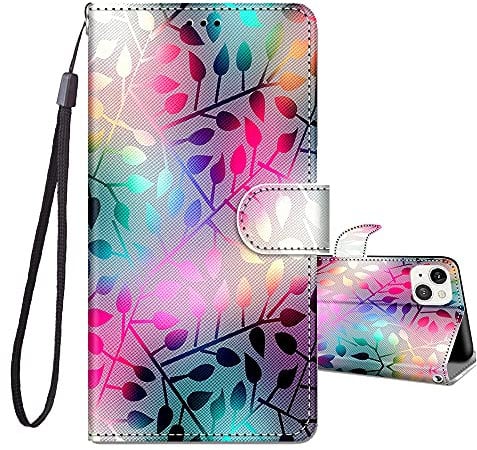 JRIANY Case for iPhone 14 6.1-Inch, PU Leather Wallet Case with Card Holder Cute Pattern Animal Design Magnetic Shockproof Cover Flip Case Compatible with Apple iPhone 14 - Leaves H