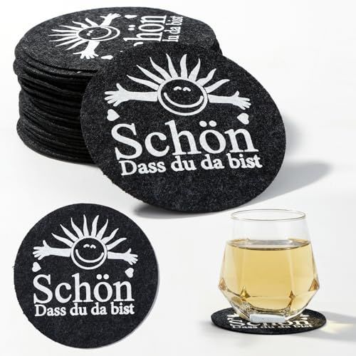 XIAONIU 40 Stück Bierdeckel Untersetzer Filz, Schön DASS du da bist rund 10,4cm für Hochzeit Gartenparty Geburtstag Tisch Deko (grau)