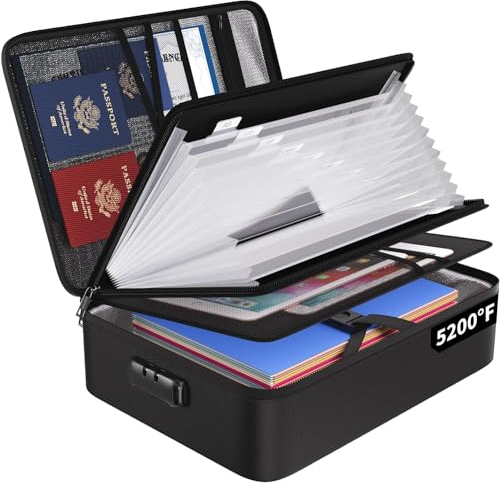 Fireproof Document Box 5200℉ File Organiser Waterproof and Fireproof Document Storage,Multi-Layer Portable Filing Box Home Office A4 Document organiser with Lock for Important Documents,Certificate