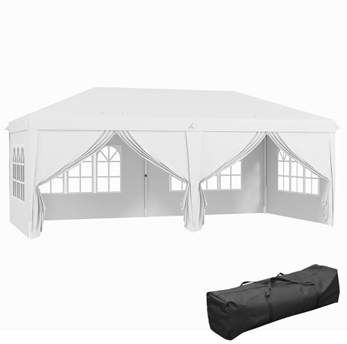 Outsunny 3 x 6 m Garden Pop Up Gazebo, Wedding Party Tent Marquee, Water Resistant Awning Canopy with Sidewalls, Windows, Carry Bag, White