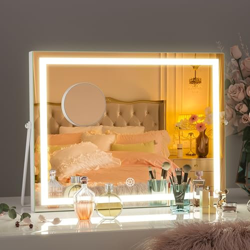 Hasipu Kosmetikspiegel mit Lichtern, 35 x 27cm, LED-Make-up-Spiegel, 3 Modi, Smart-Touch-Steuerung, dimmbar, 360° drehbar, moderner quadratischer weißer Rahmen, mit 5-facher Lupe