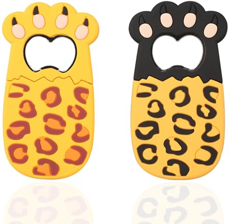 Tabanzhe 2 PCS Cute Cartoon Cat's Claw Bottle Opener,Portable Cat's Claw Corkscrew Refrigerator Magnet Kitchen Tool for Travel,Creative Kitchen Supplies Gift Bottle Opener(Leopard Black,Yellow)