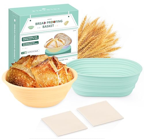 Sourdough Proving Basket Kit, Banneton Proofing Basket Set, 9' Round & 10 Oval Silicone Bread Basket with Linen Liner, Bread Making Equipment Reusable For Baking & Proofing Artisan Bread