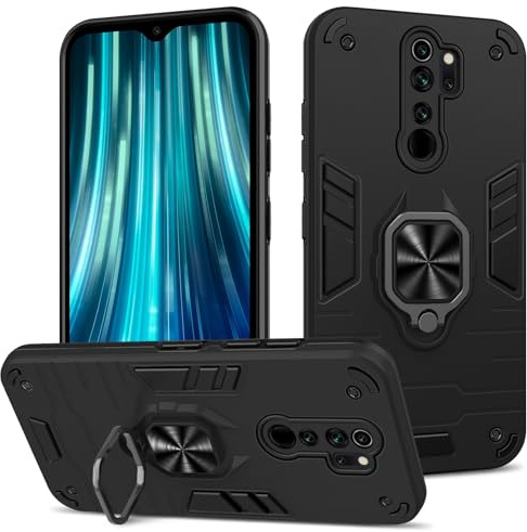 Btstring Cover per Xiaomi Redmi Note 8 Pro, Grado Militare Custodia con Cavalletto in Metallo Rotante a 360°, Hard PC Back Cover e TPU Bumper Antiurto Case- Nero
