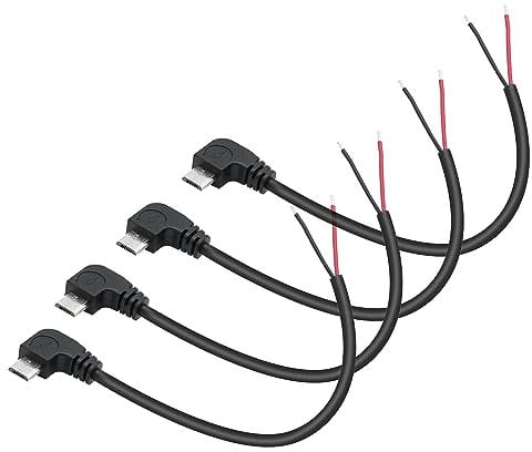 Lot de 4 câbles courts Micro USB mâles 2 broches 30 cm, micro USB vers 2 broches Open End Pigtail Câble d'alimentation simple à souder 5 V/3 A (Micro USB mâle à angle droit – 4 pièces)