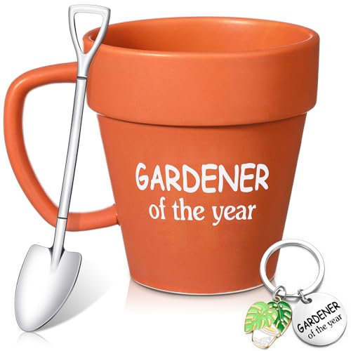 FoldTier 3 Pcs Gardening Gifts Gardener Coffee Mug with Shovel Spoon and Keychain Gardener of Year Mug Plant Pot Mug for Women Novelty Ceramic Mug Shovel Spoon Keychain Gift for Plant Lover