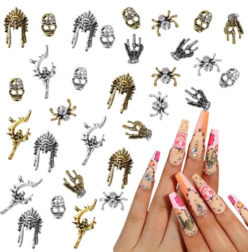 3D Halloween Nail Charms, 30 Pcs Retro Ghost Spider Skull Metal Nail Art Charms Gold Siliver Skeleton Nail Gems Rhinestones Nail Accessories for Nail Decorations DIY Crafts (Gold+Siliver A)
