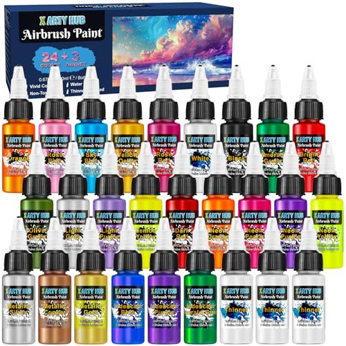 X ARTY HUB Airbrush Farbe - 24 Farben mit 60ml Verdünnern, Schillernde, Neonfarbene und Metallische Airbrush Farben Acryl, Gebrauchsfertig, Wasserbasiertes Airbrush-Malset für Künstler und Anfänger