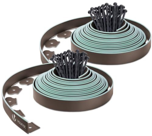 VOUNOT® Bordure de Jardin en Plastique 20 mètres avec 60 Piquets d'ancrage Bordurette de Pelouse Bordure de Gazon Flexible Idée de Jardin Hauteur 50mm Epaisseur 4mm Marron Bordé de Vert Clair