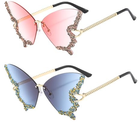EHDWXVZM 2 Paar Schmetterlingsbrillen Mit Strasssteinen, Randlose Sonnenbrillen, Damensonnenbrillen, Modische Sonnenbrillen, Kreative Sonnenbrillen, Accessoires