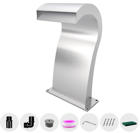 LONGRUNNEW Wasserfall Überlauf Edelstahl Pool Brunnen gebogen mit Zubehör, Teich Wasserfälle S-förmig Outdoor Wasser Überlauf Brunnen Kit für Garten Terrasse Schwimmbad Dekoration-52cm Höhe