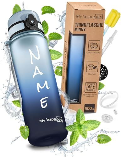 My Vesperbox Minny Gourde pour enfant - Personnalisable avec votre nom - 500,750, 1000 ml avec paille ou passoire - Sans BPA - Pour la maternelle, l'école, le sport, les loisirs (500 ml, dégradé bleu)