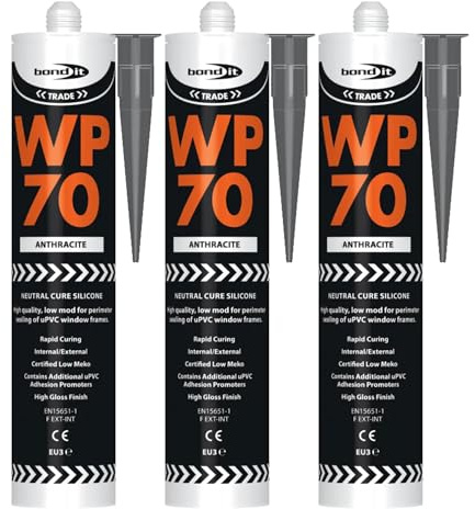 Bond It WP70 Neutral Cure Oxime Silicone Sealant – 3x Anthracite, 285ml | Professional-Grade Silicone Sealant | High Gloss – Flexible – Weatherproof | Sealant for Building & Professionals Use