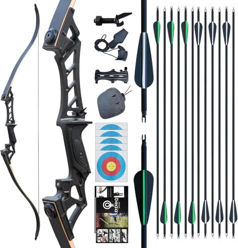57 Recurvebogen Pfeil und Bogen Set für Erwachsene Rechte Hand 50LBS Jagd Longbow Set für Die Jagdpraxis Outdoor-Sportarten