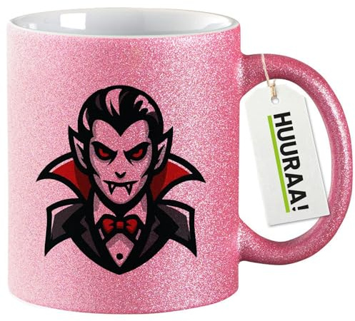 Huuraa Glitzertasse Vampir Fabelwesen Geschenk | Motivtasse 330ml Glitzer Tasse mit Spruch Pink Keramik Kaffeebecher Geschenkidee Pinker Glitter Becher mit Motiv