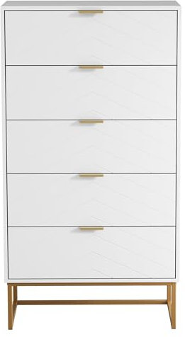 UEV Kommode mit 5 Schubladen Schrank Holz mit Kippsicherung Metallfuß Highboard Sideboard Schmal kommode Beistellschrank für Wohnzimmer Schlafzimmer,Flur 60x34x110cm (weiß)