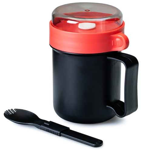 MATICAN Microwave Soup Mug with Lid, Soup Cup Container with Lid for Ramen Noodles, Soup, Beverages, Microwave Safe, Includes Foldable Spork, 17.63 Ounces, Black