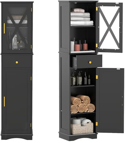 GIANTEX Armario de Suelo Alto con 2 Puertas y 1 Cajón, Estantes Ajustables en 3 Posiciones, 40 x 30 x 168 cm, con Kit Antivuelco, Mueble de Almacenamiento Estrecho para Baño, Salón, Cocina (Negro)