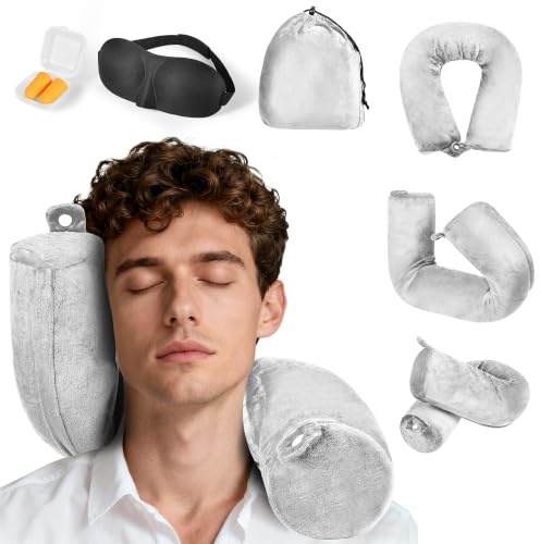 BAVATEE Cuscino da Viaggio Aereo, Cuscino Viaggio Memory Foam Regolabile, trasformabile in Cuscino per Dormire in Macchina con supporto testa completo. Adatto aerei/treni/auto/uffici