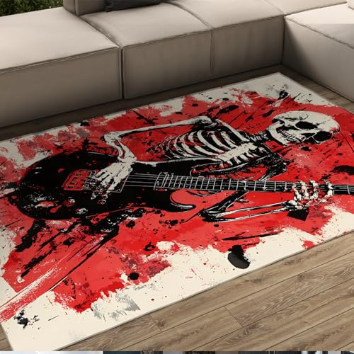 HOBBOY Red and Black Graffiti Area Rugs Ink Style Music Theme Gothic Skeleton & Guitar Pattern Thin Carpet for Living Room Kitchen 160 x 200 cm